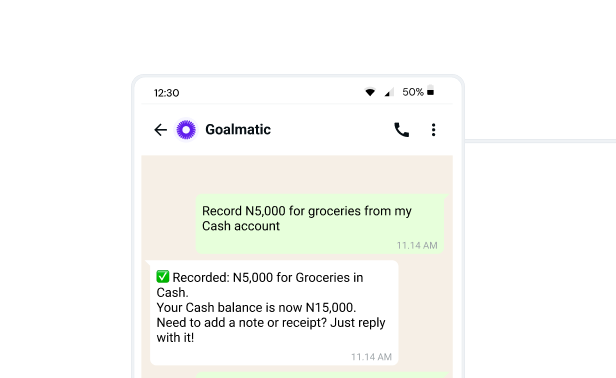 Interface showing expense recording via WhatsApp